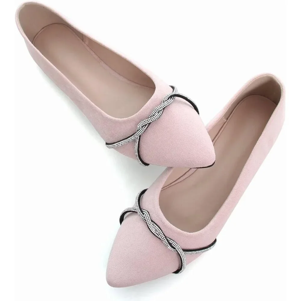 Women's Light Pink Casual Flats Fashion Chain Pointed Toe Ballet Flat Rhinestone